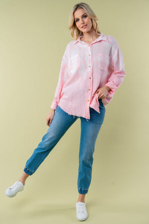 Pink Long Sleeve Tie Dye Cotton Gauze Shirt