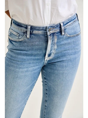 Judy Blue Mid Rise Metallic Foiled Seam Kick Flare Denim Jeans
