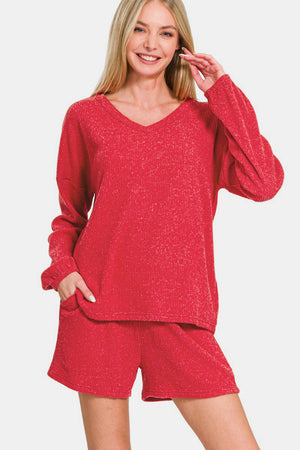 Zenana V-Neck Long Sleeve Ribbed Top and Shorts Set Deep Red