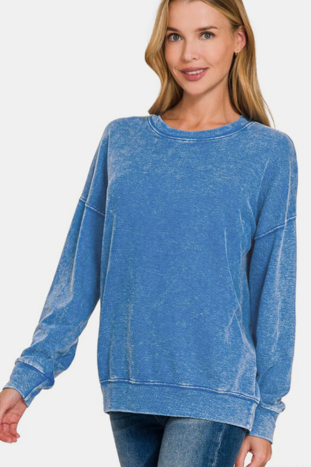 Zenana Washed Round Neck Dropped Shoulder Sweatshirt Blue