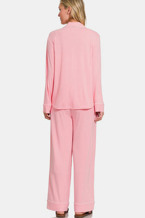 Zenana Button Down Long Sleeve Top and Pants Lounge Set Pink