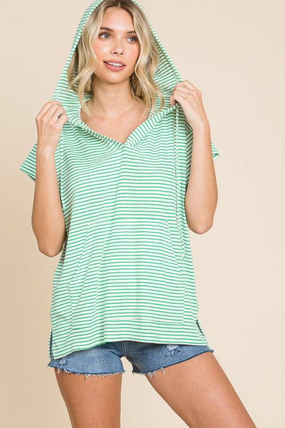 Candy Green Striped Short Sleeve Hooded Top