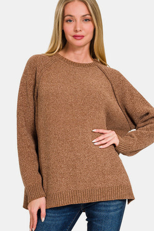 Zenana Side Slit Raglan Sleeve Sweater Camel