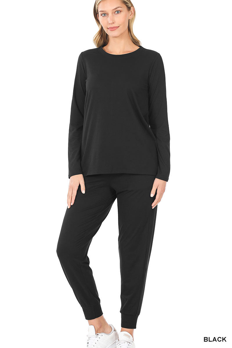 Zenana Long Sleeve Buttery Soft Top & Jogger Pants Set in Black