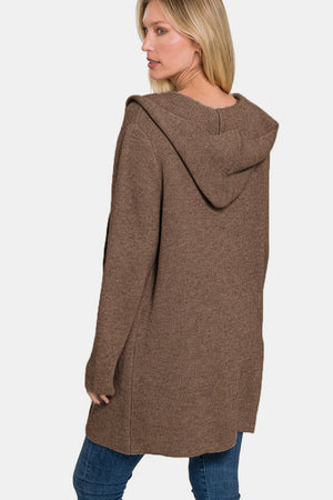 Zenana Hooded Open Front Sweater Cardigan Brown