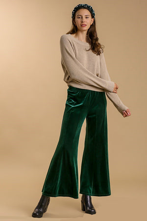 High Rise Elastic Waist Velvet Flare Pants in Dark Green