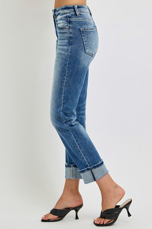 RISEN High Rise Vintage Wash Crop Straight Leg Cuffed Jeans