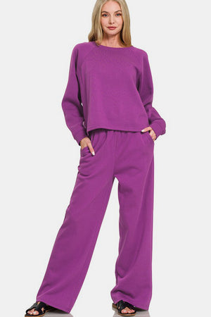 Zenana Round Neck Raglan Sleeve Top and Elastic Waist Pants Set Deep Purple