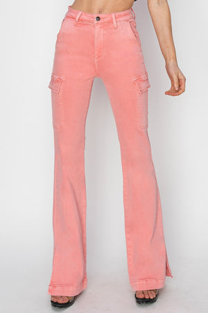 RISEN High Rise Side Slit Cargo Bootcut Jeans Flamingo