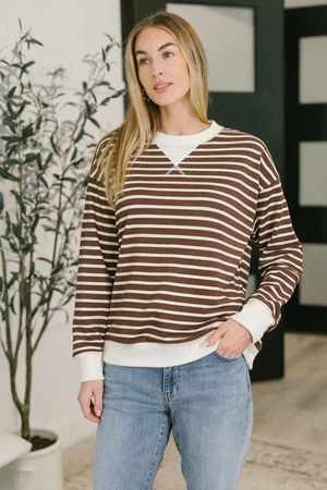 Zenana Contrast Striped Round Neck Sweatshirt Brown