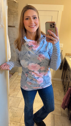 Classic Zoey ZipCowl Sweatshirt - Grey Floral and Stripes by Michelle Mae