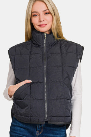 Zenana Zip Up Cropped Puffer Vest with Pockets Black