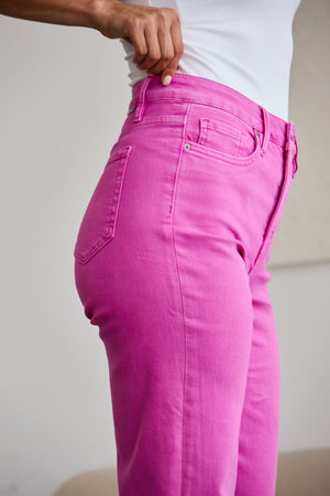 RFM Tummy Control High Waist Raw Hem Wide Leg Crop Jeans in Pink Rouge