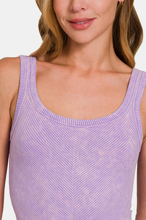 Zenana Ribbed Scoop Neck Mineral Washed Tank Lavender