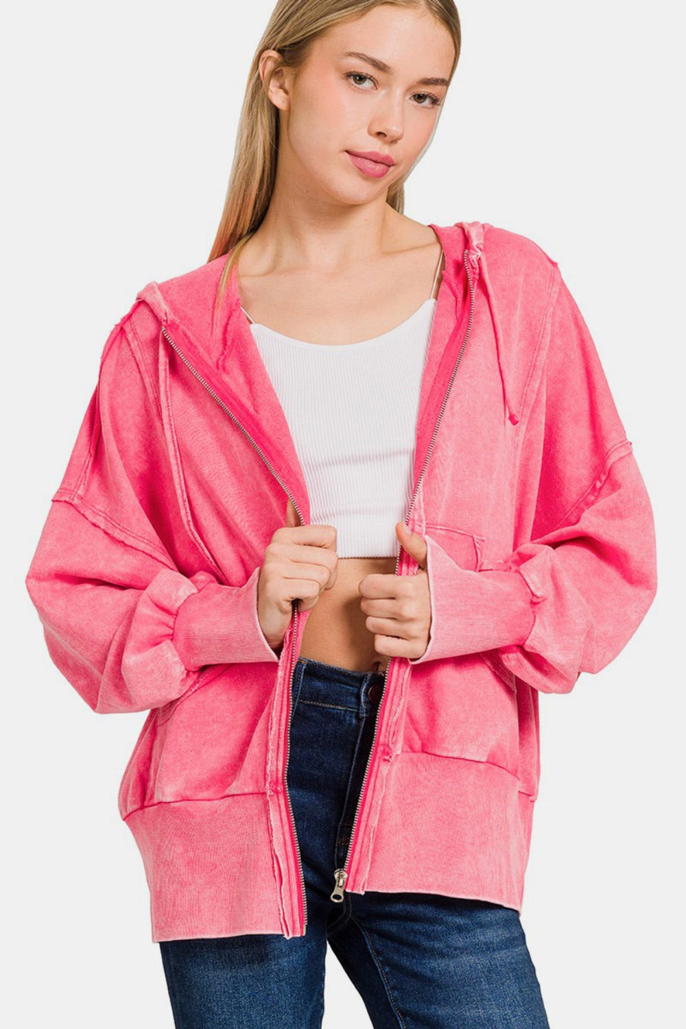 Zenana Acid Washed French Terry Zip-Up Hoodie with Pockets Fuchsia