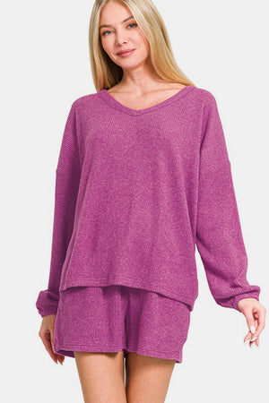 Zenana V-Neck Long Sleeve Ribbed Top and Shorts Set Violet