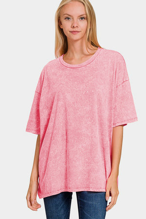 Zenana Washed Round Neck Drop Shoulder Oversized T-Shirt Pink