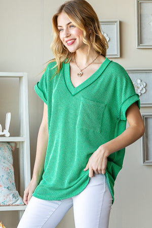 Front Pocket Exposed Seam Short Sleeve Ribbed Top - Kelly Green