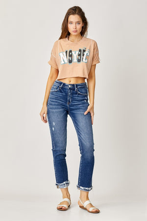 Risen High Rise Frayed Cuffed Straight Jeans