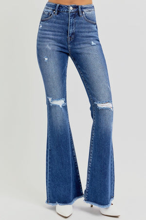 RISEN High Rise Distressed Raw Hem Flare Jeans