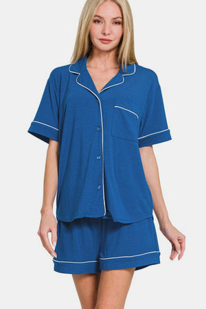 Zenana Button Down Short Sleeve Top and Shorts Lounge Set Blue