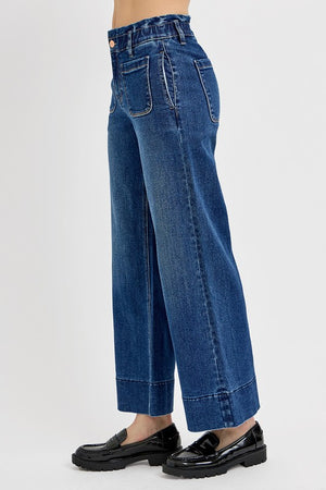 RISEN High Waist Elastic Ruffle Band Wide Leg Crop Jeans