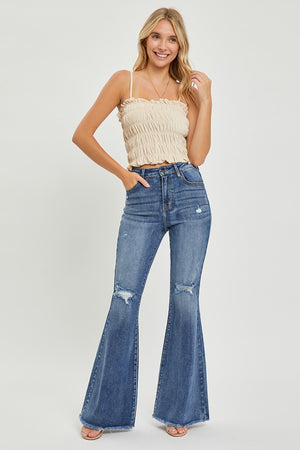 RISEN High Waist Distressed Fray Hem Flare Jeans