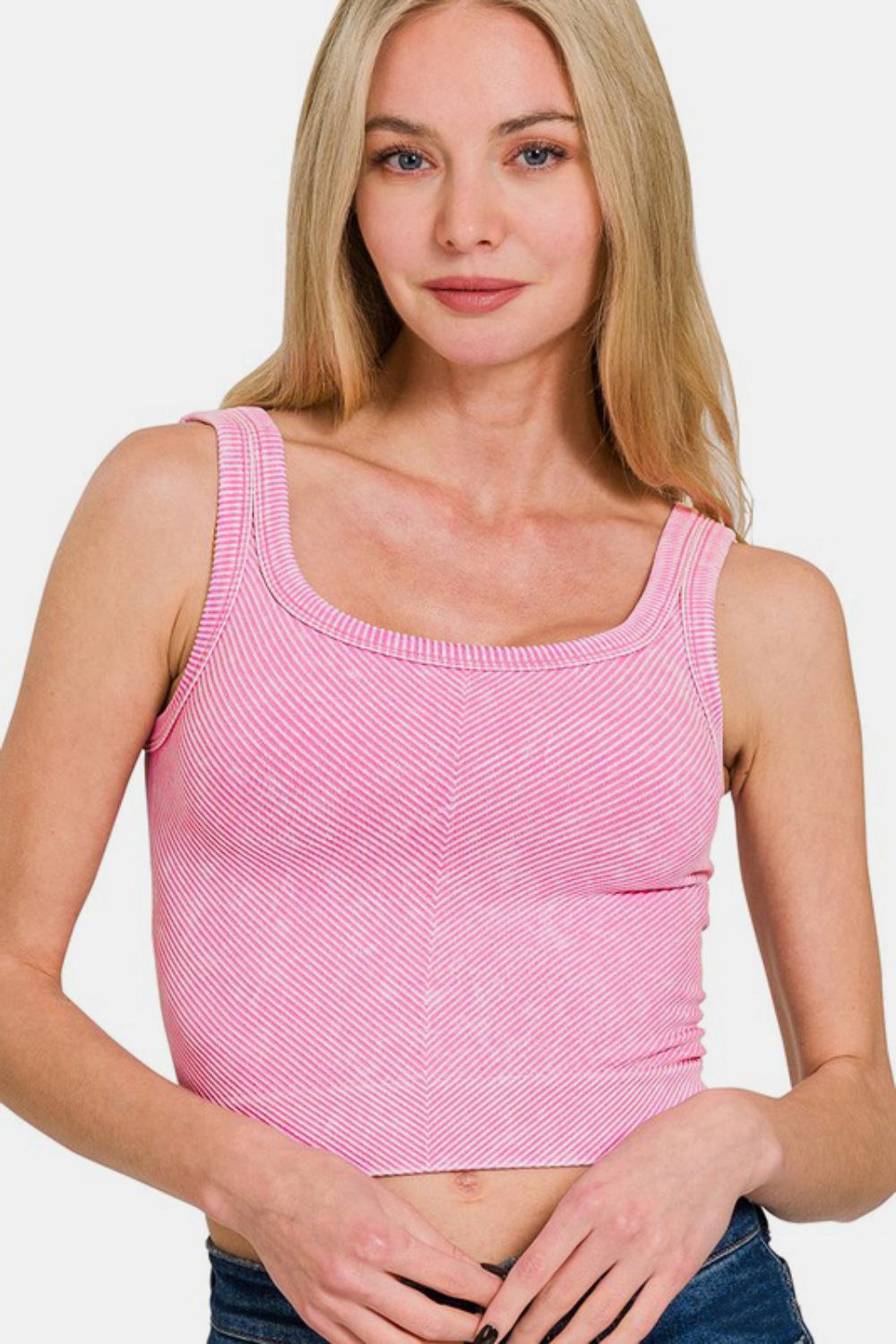 Zenana Washed Ribbed Scoop Neck Wide Strap Tank Candy Pink