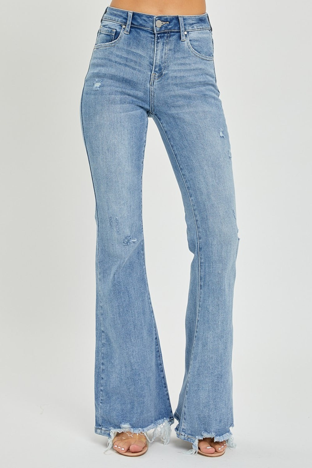 Risen High Rise Frayed Hem Light Wash Flare Jeans