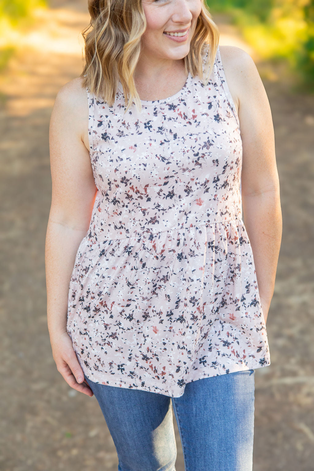 Renee Ruffle Tank - Tan Micro Floral by Michelle Mae