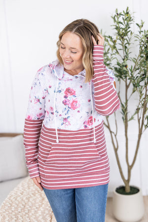 Hailey Pullover Hoodie - Pink Bloom and Stripes by Michelle Mae