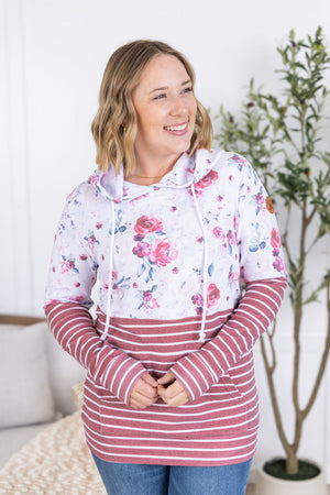 Hailey Pullover Hoodie - Pink Bloom and Stripes by Michelle Mae