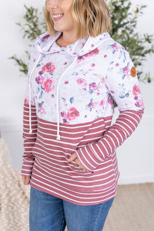 Hailey Pullover Hoodie - Pink Bloom and Stripes by Michelle Mae