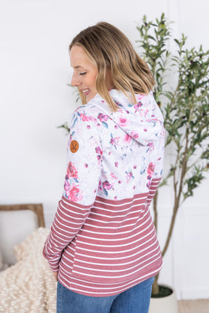 Hailey Pullover Hoodie - Pink Bloom and Stripes by Michelle Mae