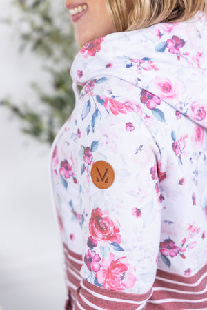 Hailey Pullover Hoodie - Pink Bloom and Stripes by Michelle Mae