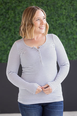 Striped Henley Long Sleeve - White by Michelle Mae