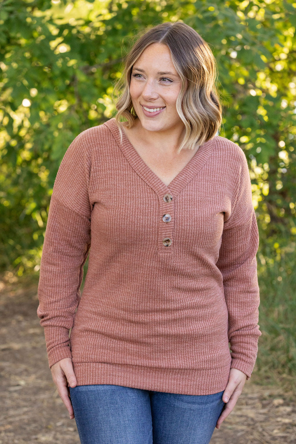 Brittney Button Sweater Top - Terra Cotta