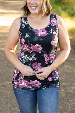 Luxe Crew Tank - Buttery Soft Black and Mauve Floral by Michelle Mae