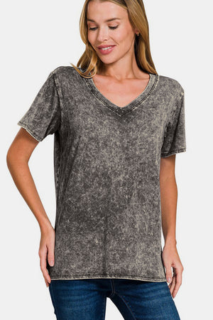 Zenana Washed Short Sleeve V-Neck T-Shirt Dark Gray