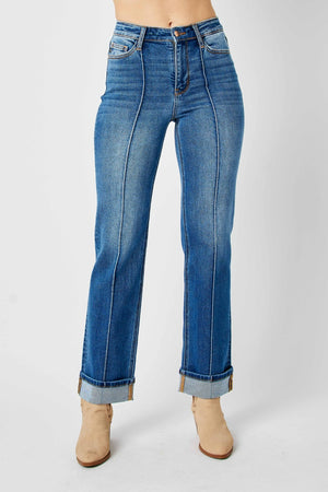 Judy Blue High Waist Front Seam Detail Cuffed Straight Leg Jeans