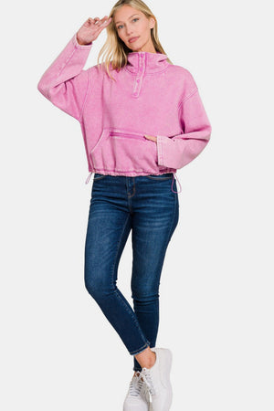 Zenana Acid Wash Fleece Half Snap Sweatshirt with Pocket Mauve