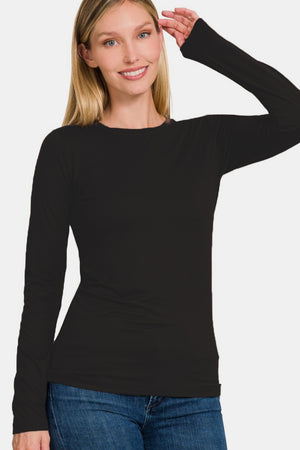 Zenana Buttery Soft Long Sleeve Round Neck T-Shirt Black