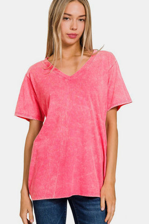 Zenana Washed Short Sleeve V-Neck T-Shirt Strawberry