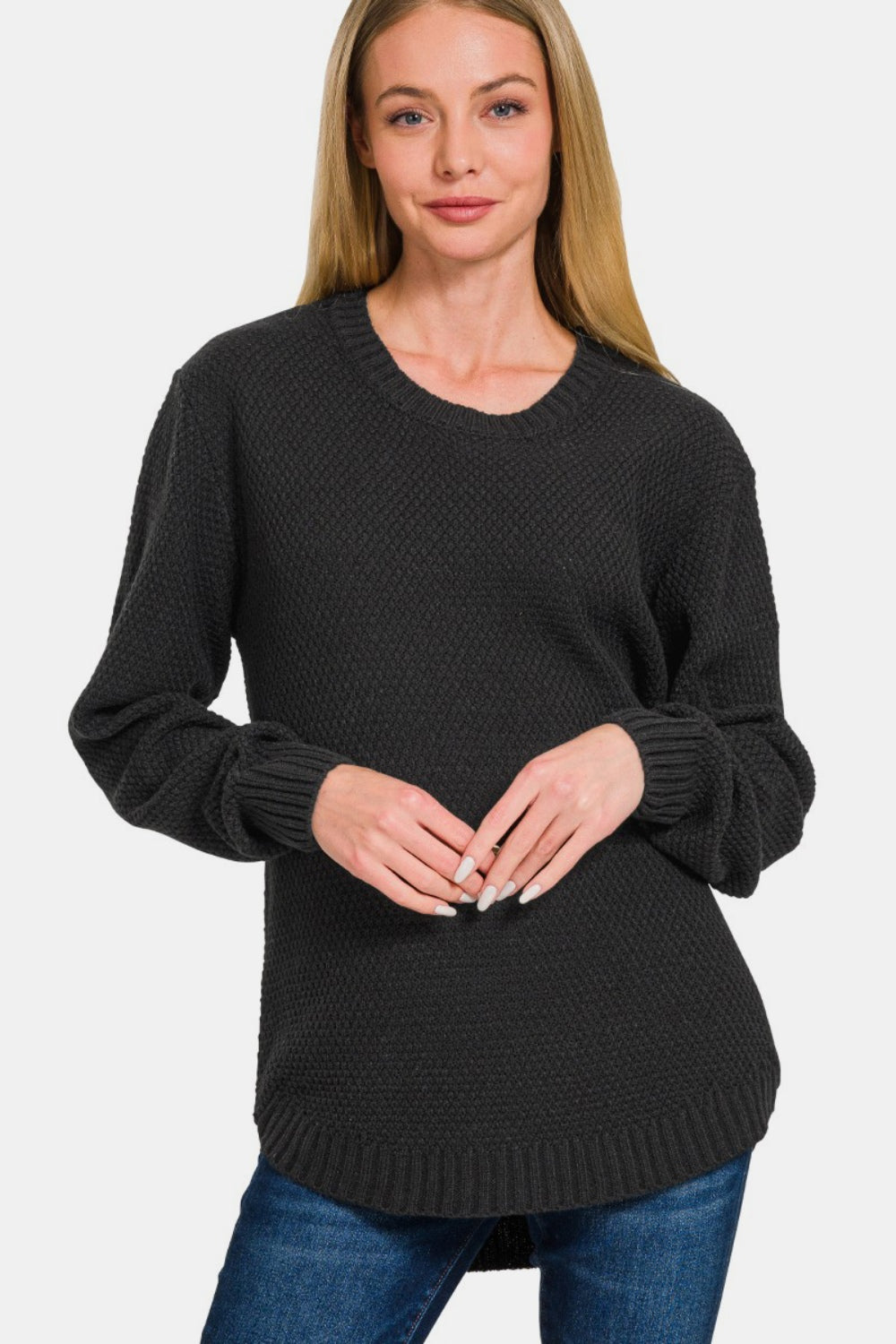 Zenana Round Neck Long Sleeve Curved Hem Sweater Black