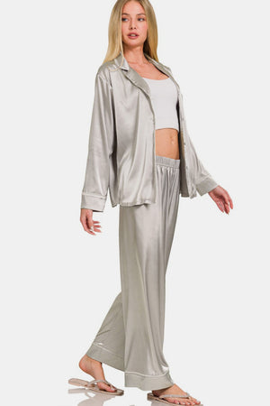 Zenana Satin Long Sleeve Shirt and Pants Pajama Set Silver