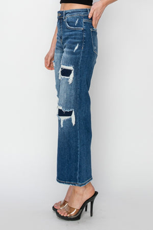 Risen High Rise Patch Detailed Straight Leg Crop Jeans