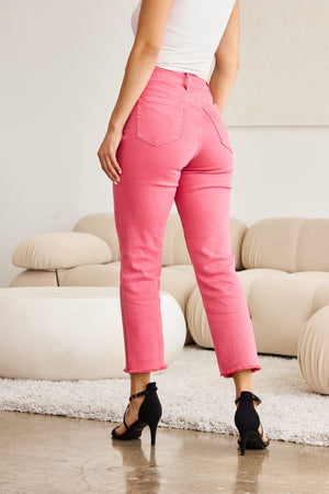 RFM Tummy Control High Waist Raw Hem Straight Leg Jeans in Sunkissed