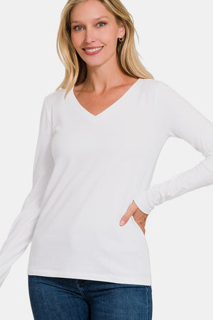 Zenana Relaxed Fit V-Neck Long Sleeve Cotton T-Shirt White