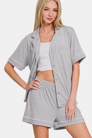 Zenana Button Down Short Sleeve Top and Shorts Lounge Set Light Gray