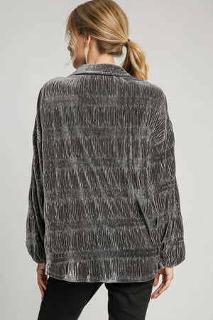 Ruched Tiered Button Up Velvet Shirt in Gunmetal